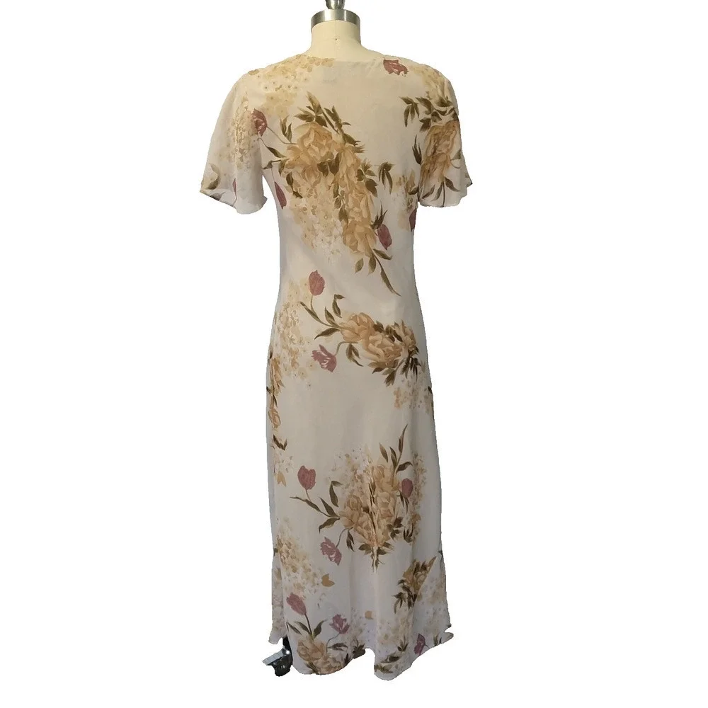 Vintage Y2K Floral Print Bias Cut Maxi Dress Size M Flutter Sleeve Ivory V Neck
